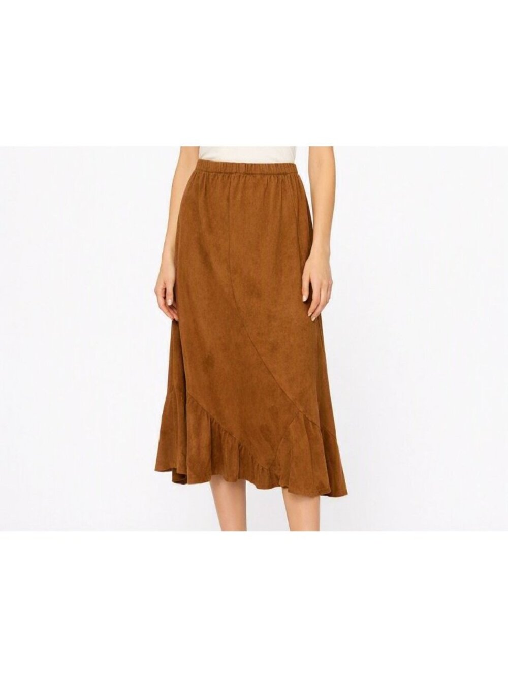 Urban Coco Brown Faux Suede Midi Skirt Elastic Waist Soft Flare Hem Chic Style